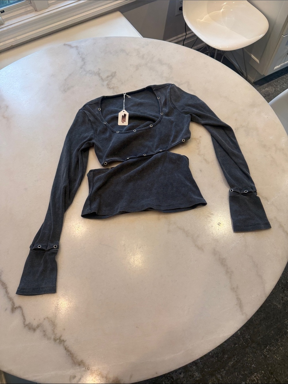 Women’s Charcoal Long-Sleeve Cutout Tee with Grommet Detail